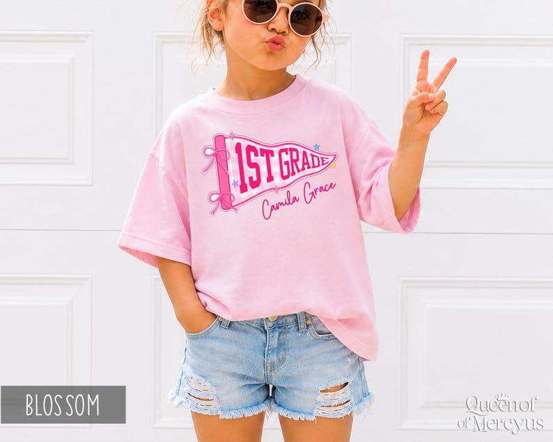 Custom Boys Girls Back to School Shirt, Coquette School Top, Cute Pre K Kindergarten Shirt, First Day Of School Pennant Tee, Kids Name Shirt image 3