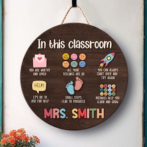 K&ouml;nnte beinhalten: Ein rundes Schild aus braunem Holz mit dem Text "In this classroom" und bunten Illustrationen und Text. Der Text beinhaltet "You are worthy and loved", "All your feelings are ok", "You can always start over and try again", "It's ok to ask for help", "Small steps lead to progress", "Mistakes help you learn and grow", und "Mrs. Smith".