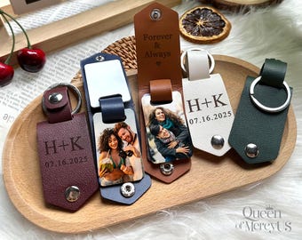 Custom Leather Keychain With Photos, Personalized Couple Portrait Gift, Valentines Gift For Boyfriend Husband, Men Engraved Leather Keychain
