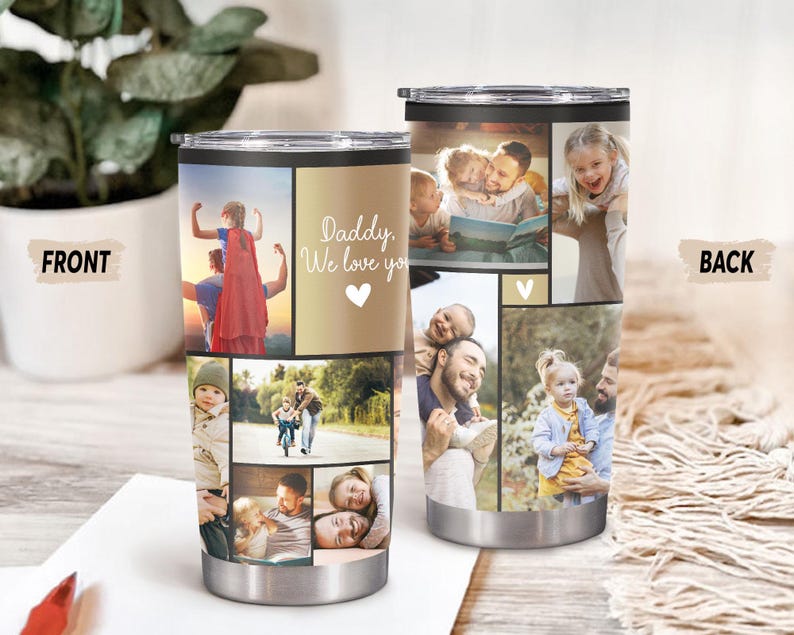 Puede incluir: Vaso de acero inoxidable con un collage de fotos familiares. La parte delantera del vaso tiene el texto "Daddy, We love you" con un coraz&oacute;n. El vaso tiene una tapa negra y una base plateada. El vaso mide aproximadamente 15 cm de alto.