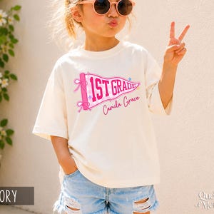 Custom Boys Girls Back to School Shirt, Coquette School Top, Cute Pre K Kindergarten Shirt, First Day Of School Pennant Tee, Kids Name Shirt image 4