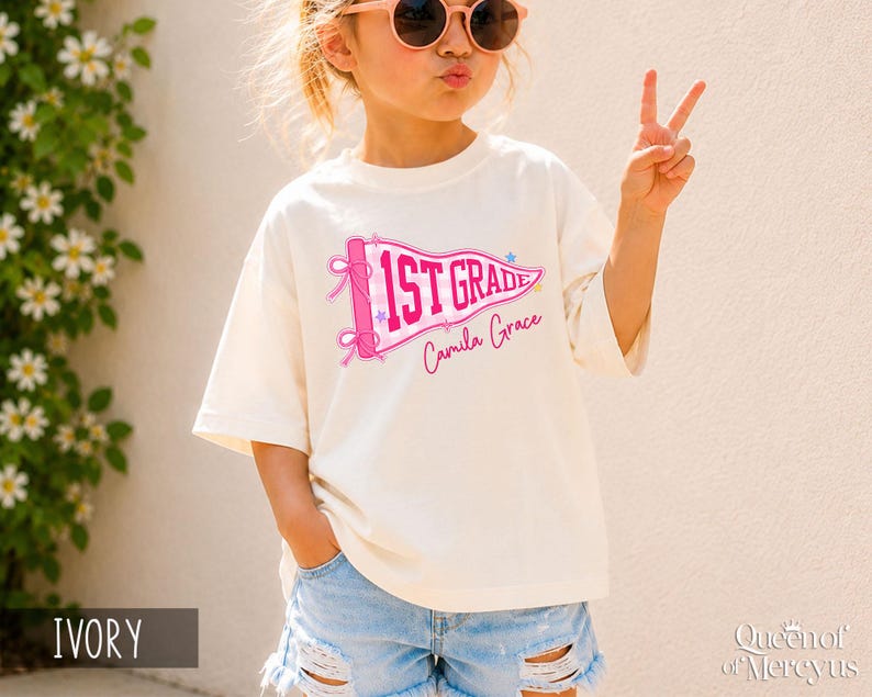 Custom Boys Girls Back to School Shirt, Coquette School Top, Cute Pre K Kindergarten Shirt, First Day Of School Pennant Tee, Kids Name Shirt image 4