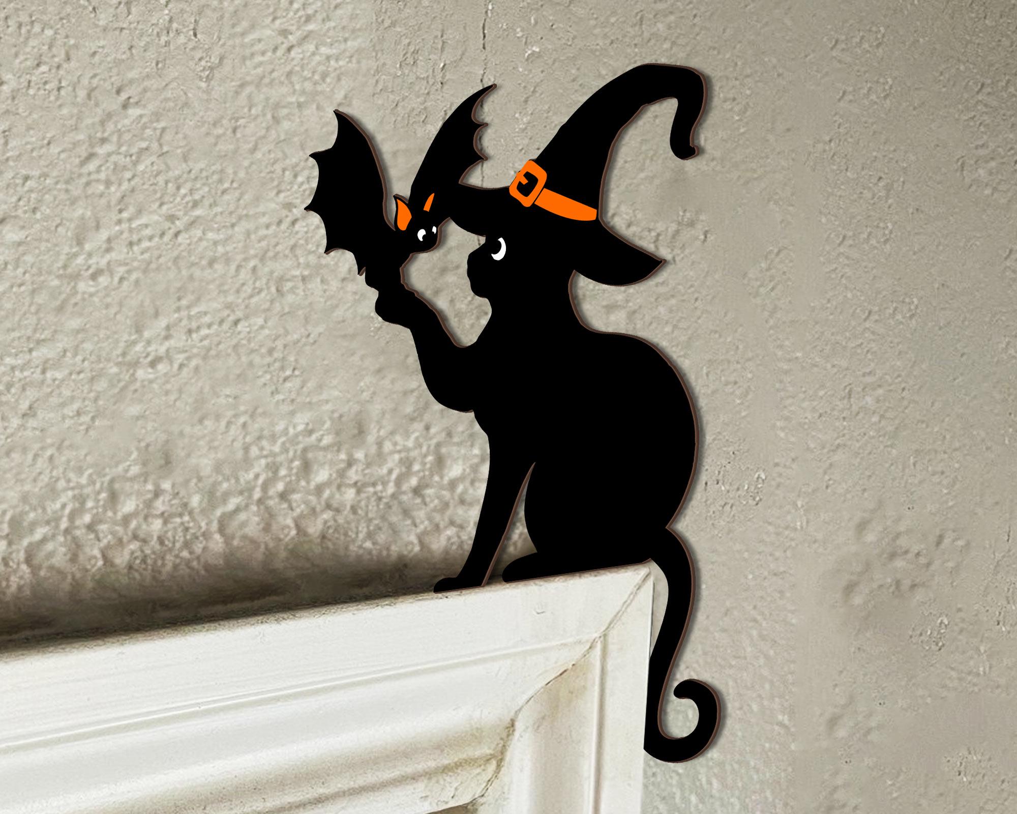 Black Cat Door Topper, Black Cat Door Corner Sign, Halloween Bat Door Topper, Black Cat Halloween Decor, Cat Lover Gift,Halloween Home Decor