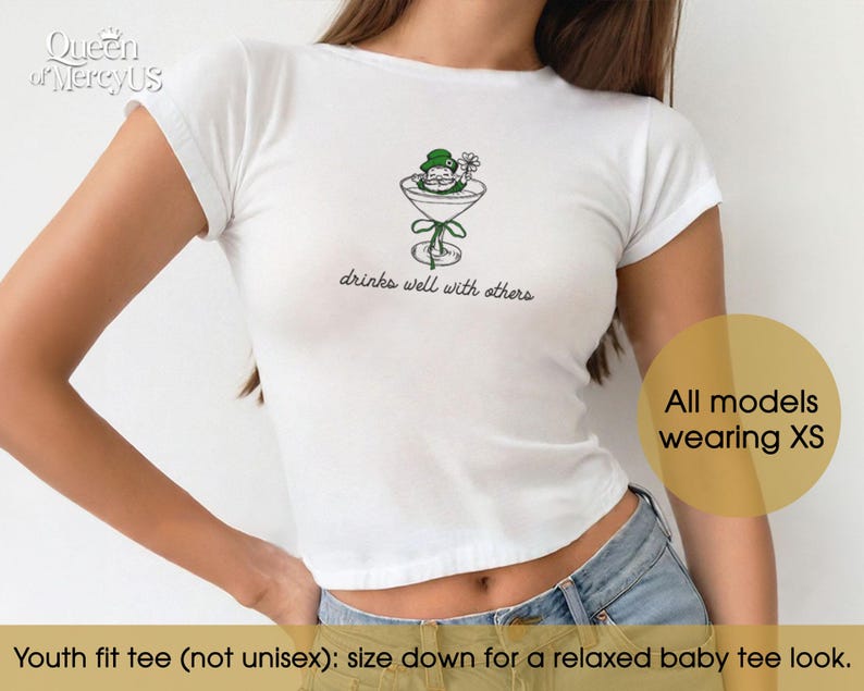 Funny Martini Cocktail Baby Tee, St. Patty's Day Baby Tee Vintage, Shamrock Y2K Shirt, Funny 90s Drinking St Paddy Outfit image 2