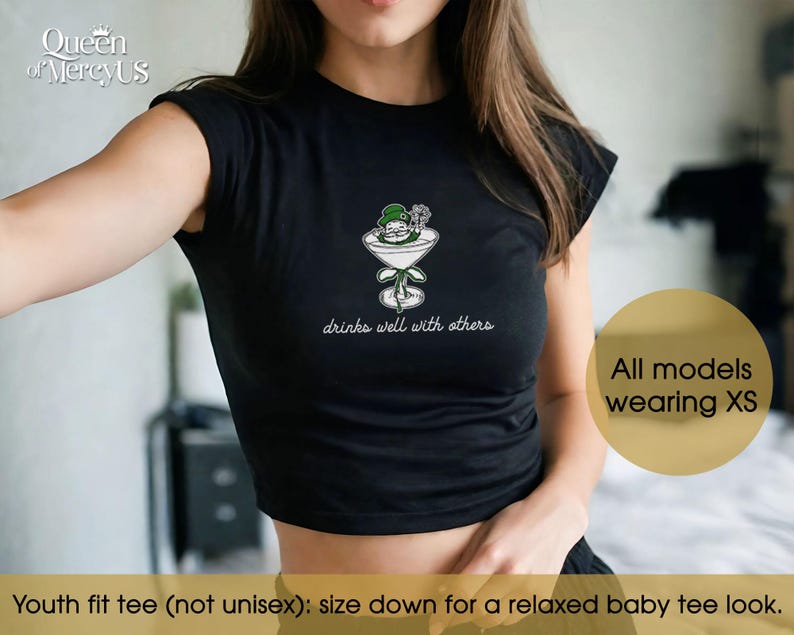 Funny Martini Cocktail Baby Tee, St. Patty's Day Baby Tee Vintage, Shamrock Y2K Shirt, Funny 90s Drinking St Paddy Outfit image 3