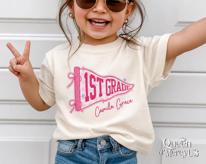 Custom Boys Girls Back to School Shirt, Coquette School Top, Cute Pre K Kindergarten Shirt, First Day Of School Pennant Tee, Kids Name Shirt image 1
