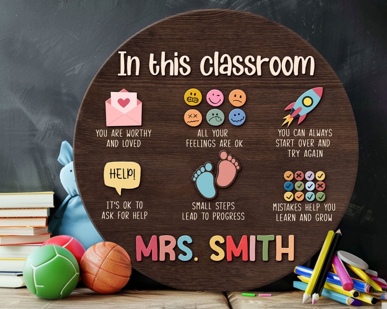 K&ouml;nnte beinhalten: Ein rundes Schild aus braunem Holz mit dem Text "In diesem Klassenzimmer" und verschiedenen positiven Botschaften f&uuml;r Sch&uuml;ler. Das Schild enth&auml;lt auch den Namen "MRS. SMITH" in bunten Buchstaben.