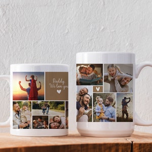 Puede incluir: Dos tazas de cer&aacute;mica blanca con collages de fotos. Una taza presenta el texto "Daddy, We love you" y un coraz&oacute;n, con fotos familiares. La otra taza tiene un collage de fotos familiares. Ambas tazas tienen asas blancas.