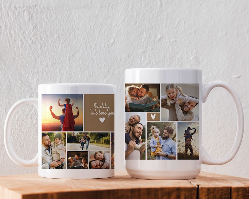 Puede incluir: Dos tazas de cer&aacute;mica blanca con collages de fotos. Una taza presenta el texto "Daddy, We love you" y un coraz&oacute;n, con fotos familiares. La otra taza tiene un collage de fotos familiares. Ambas tazas tienen asas blancas.