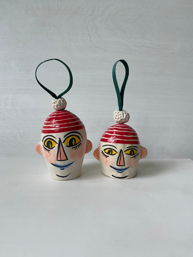 Porcelain house plant ornament Head with RED Pom-Pom hat image 1