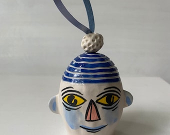 Décoration de plante d'intérieur en porcelaine Tête avec pompon BLEU