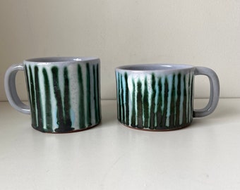 striped pottery mug pair. wheel thrown terra cotta