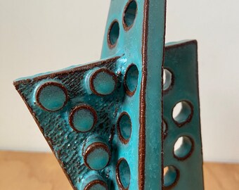 Bright blue geometric ceramic sculpture. Small #4
