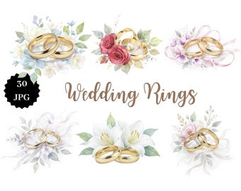 Wedding Rings Clipart Set | 30 JPG | Pastel Floral Illustrations | Elegant Romantic Wedding Decor Art