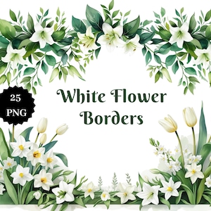 25 bordes florales blancos PNG: imágenes prediseñadas florales para toda ocasión, descarga digital, imágenes prediseñadas florales para invitaciones y manualidades, transparentes