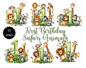 Safari Animals Clipart | 15 PNG | First Birthday Theme | Transparent Background