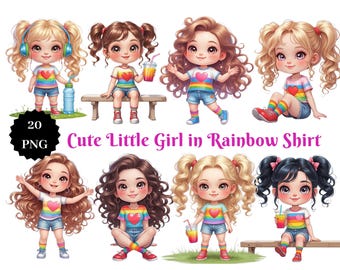 Kawaii Girl Clipart – Rainbow Shirt, Kid PNG (Digital Download)