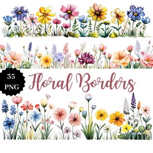 30 PNG Floral Borders | Digital Flower Frame Clipart | Watercolor Botanical Border Graphics for Invitations & Scrapbooking