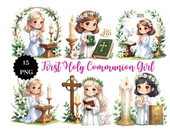 First Holy Communion Girl Clipart: Religious PNG Graphics (Digital Download)
