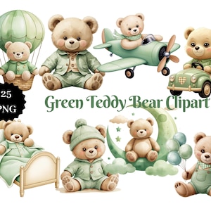 25 grüner Teddybär PNG Clipart - Süße Baby-Illustrationen, Pastellbeige & Salbei, Kinderzimmer-Kunst, Sublimation, Baby-Dusche-Dekor