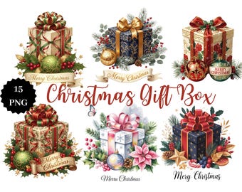 Christmas Gift Box Watercolor Clipart: Holiday Bows, Florals (15 PNG Digital Download)