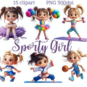 Sportliche Mädchen Clipart | 15 PNG | 3D-Karikatur-Stil | Aktive Kinder Illustration | Digital Download |Transparenter Hintergrund