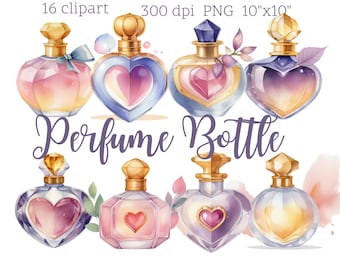 May include: A set of 10 watercolor illustrations of perfume bottles. Each bottle is a different color and has a heart-shaped design. The bottles are surrounded by flowers and leaves. The text "Perfume Bottle" is written in purple below the bottles.