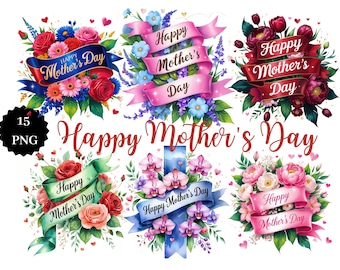 Floral Clipart with Ribbon | 15 PNG | Happy Mother's Day | Transparent Background