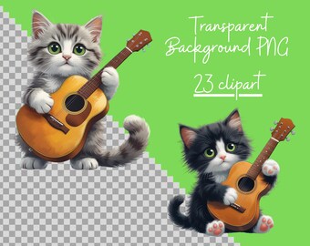 ギターを弾く魔法の猫 PNGイラスト：ファンタジー動物グラフィック