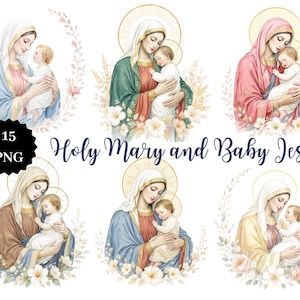 Watercolor Holy Mary and Baby Jesus PNG Clipart: Catholic Art Bundle (Digital Download