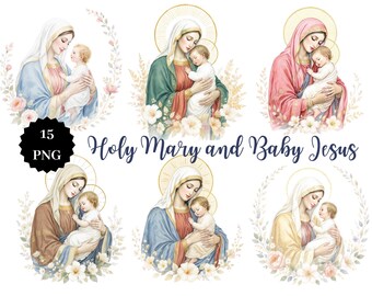 Watercolor Holy Mary and Baby Jesus PNG Clipart: Catholic Art Bundle (Digital Download