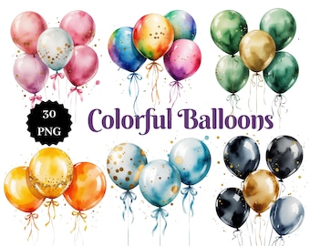 30 PNG Colorful Balloons Clipart | Transparent Background | Party Decorations | Instant Download
