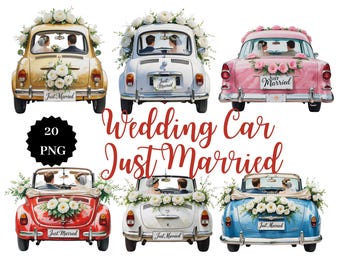 Romantische bruiloft auto clipart | 20 png | Net getrouwd | Transparante achtergrond