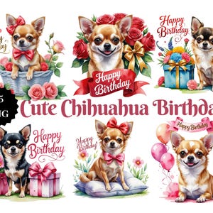 15 schattige chihuahua-verjaardagspng's met bloemen - hondenclipart, verjaardagswensen puppy, bloemen huisdierillustraties, sublimatie en afdrukbare kunst