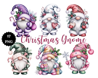 Watercolor Christmas Gnome Clipart Set, Holiday Illustrations (17 PNG)