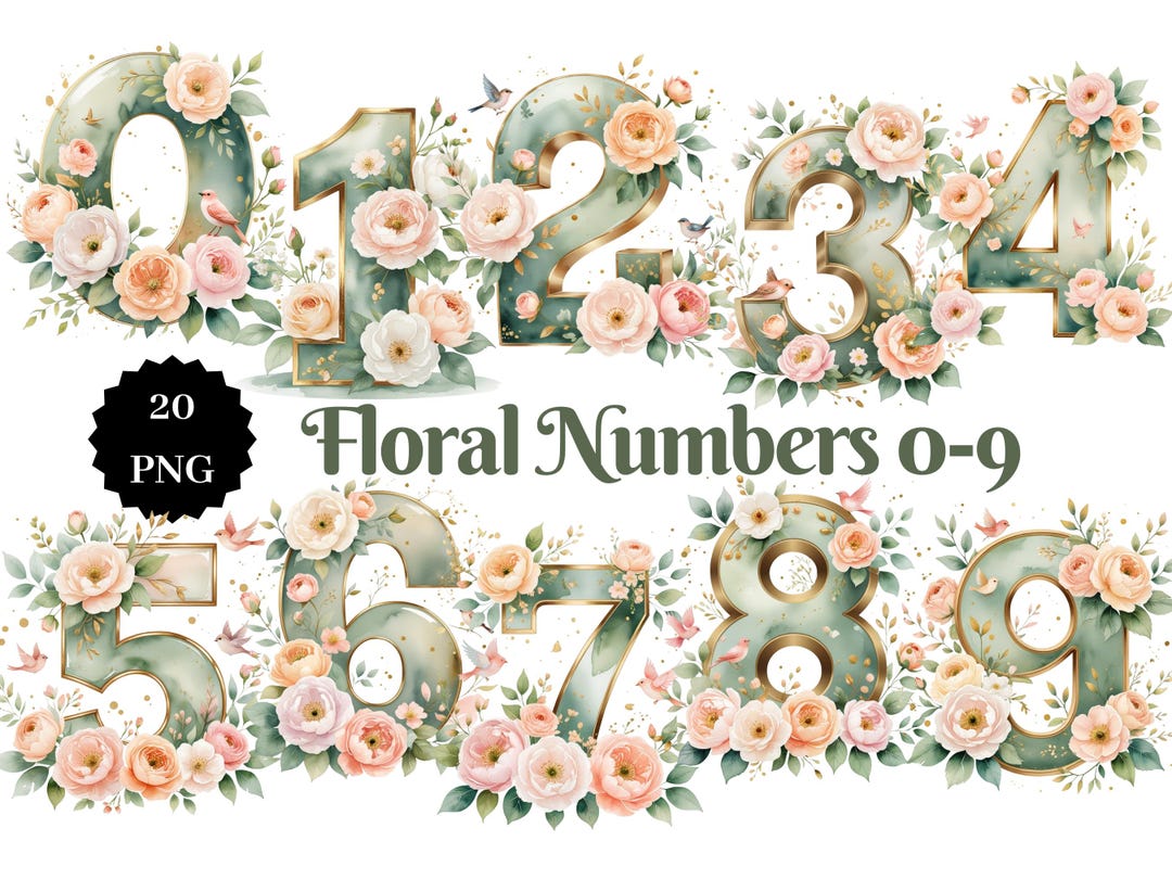 20 PNG Floral Numbers 0-9 | Pastel Flower Clipart | Decorative Numbers ...