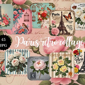 45 JPGs vintage de Paris | Clipart de colagem floral | Estampas estéticas retrô | Itens efêmeros franceses | Download digital Shabby Chic