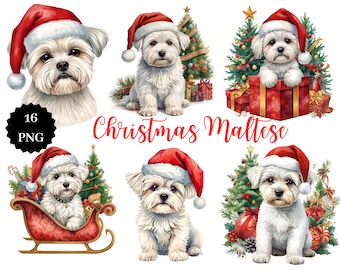 Christmas Maltese Dog PNG Clipart, Santa Hat, Holiday Pet Art (Digital Download)