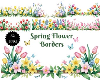 32 PNG Spring Flower Borders – Digital Download, Floral Clipart for Invitations & Crafts