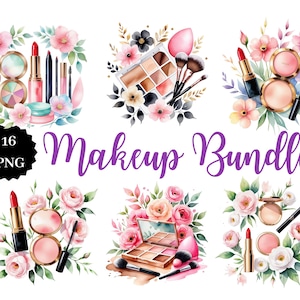 May include: A watercolor illustration set of 16 makeup items, including lipstick, eyeshadow palettes, blush, brushes, and powder. The items are surrounded by pink and white flowers.