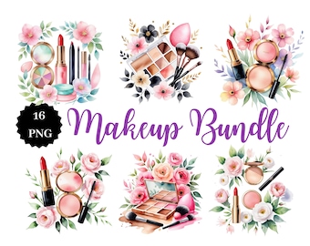 May include: A watercolor illustration set of 16 makeup items, including lipstick, eyeshadow palettes, blush, brushes, and powder. The items are surrounded by pink and white flowers.