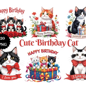 20 schattige png's voor verjaardagskatten – kawaii kattenclipart met verjaardagswensen, afdrukbare kattenafbeeldingen voor kaarten en knutselen