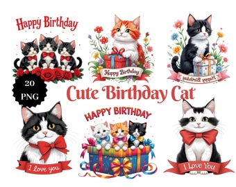Kawaii Birthday Cat Clipart – 20 PNG Graphics (Digital Download)