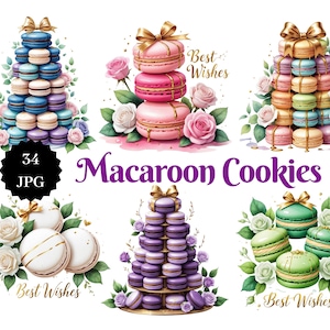34 imágenes prediseñadas de macarrones coloridos en formato JPG: decoraciones para fiestas, estilo pastel, descarga digital, gráficos para tarjetas de felicitación, arte imprimible