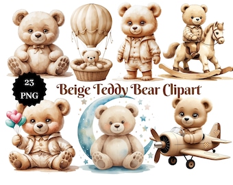 Beige Teddy Bear Clipart: Pastel Watercolor Nursery Art (PNG Digital Download)