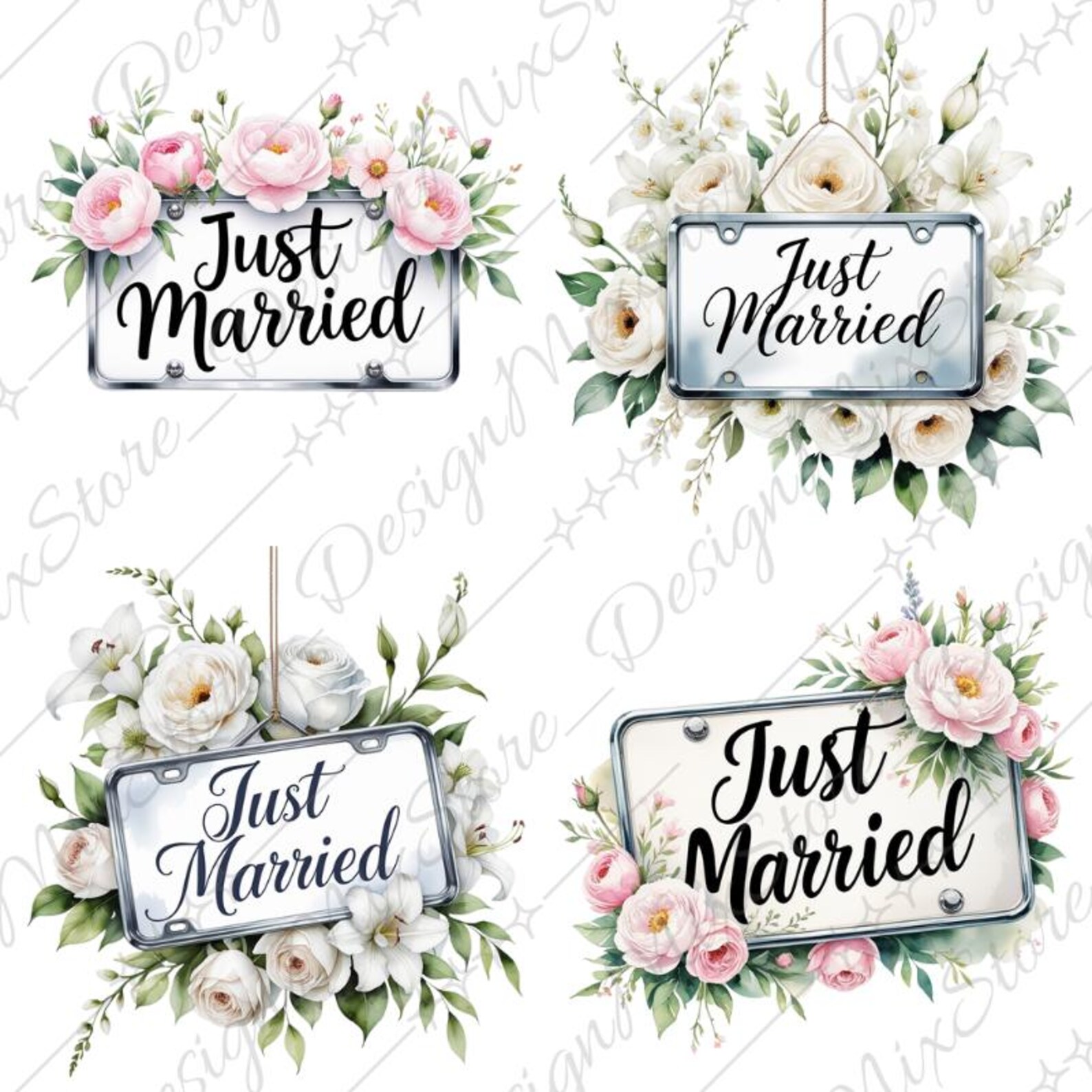 Watercolor Just Married Floral Sign: DIY Wedding Decor (digital ...