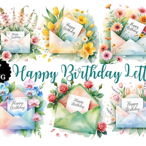 Carta de Feliz Aniversário Clipart | 17 PNG | Envelope e Flores | Fundo Transparente