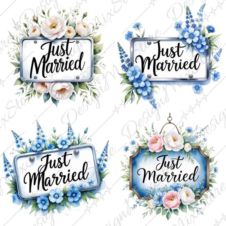Watercolor Just Married Floral Sign: DIY Wedding Decor (digital ...