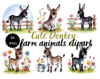 Watercolor Donkey Clipart – Farm Animal PNG, Nursery Art (Digital Download)