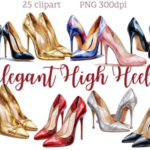 Imágenes prediseñadas de tacones altos elegantes / 25 PNG / Ilustración de zapatos de mujer / Arte de calzado de moda / Descarga digital